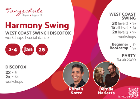 Flyer vom Event Harmony Swing am 2. bis 4. Januar 2026 - West Coast Swing und Discofox in der Tanzschule Köpke Rupprecht